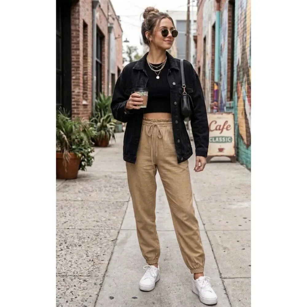 Zara Linen Blend Paperbag High Rise Jogger Pants Women's Size XS